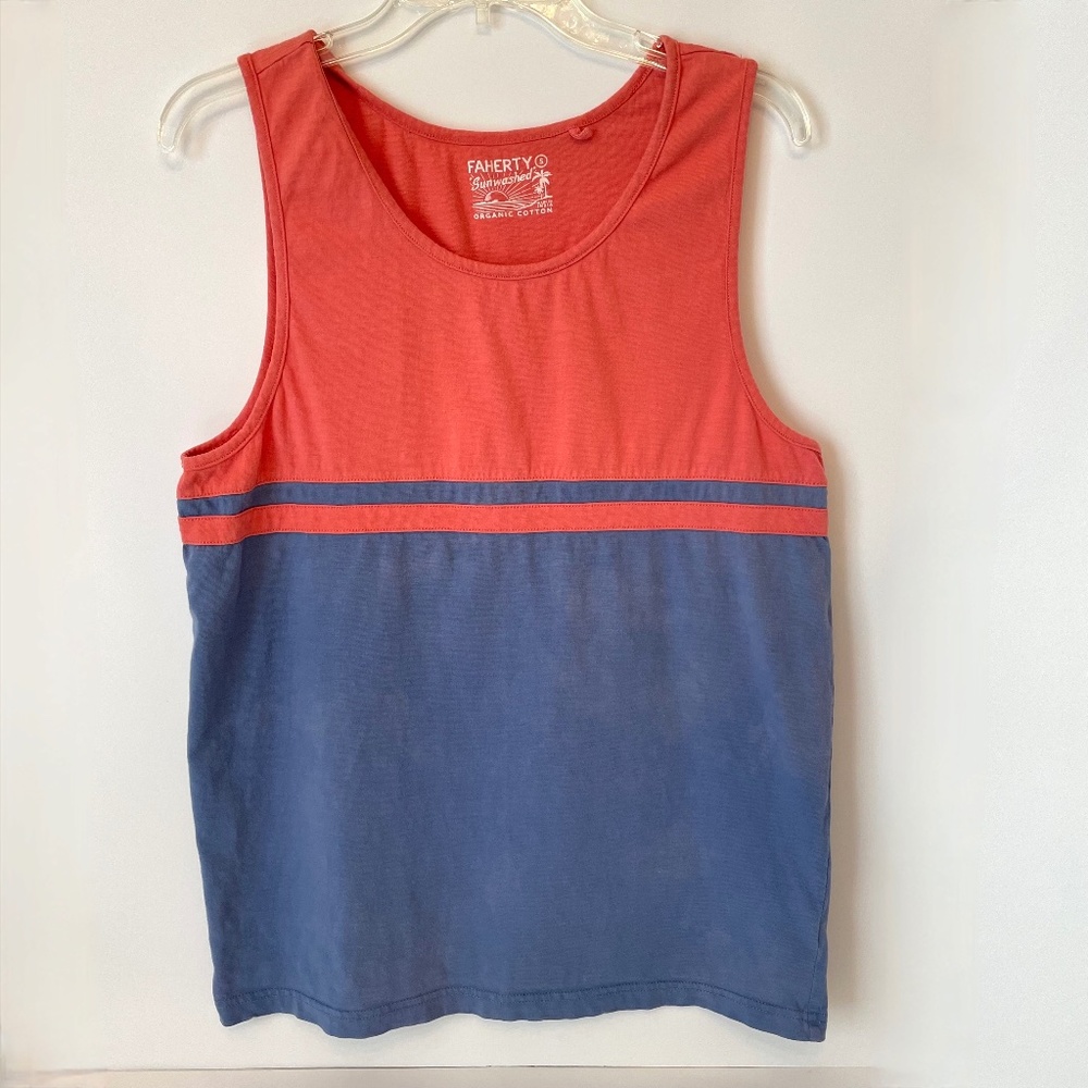 Faherty Sunwashed Organic Cotton Tank Coral/Blue Small Surf Stripe